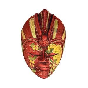 Vintage Indonesian Batik 9 in Carved Wood Mask Wall Hanging Hand Painted Decor